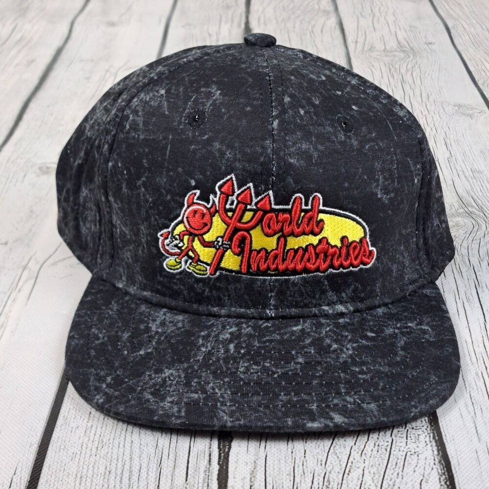 World Industries Snapback Acid Wash Black Hat Devil Man Flameboy Wet Willy NEW
